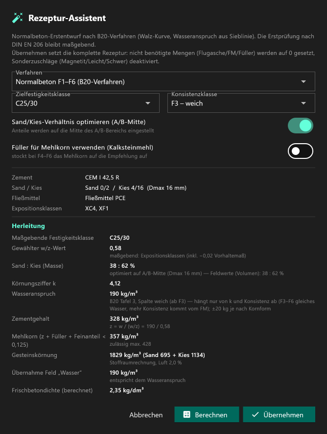 Rezeptur-Assistent mit Eingaben und Schritt-für-Schritt-Herleitung einer Rezeptur C25/30