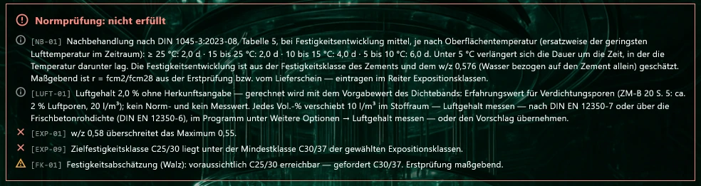 Normprüfung „nicht erfüllt“ mit zwei Verstößen, einer Warnung und zwei Hinweisen, jeweils mit Kennung